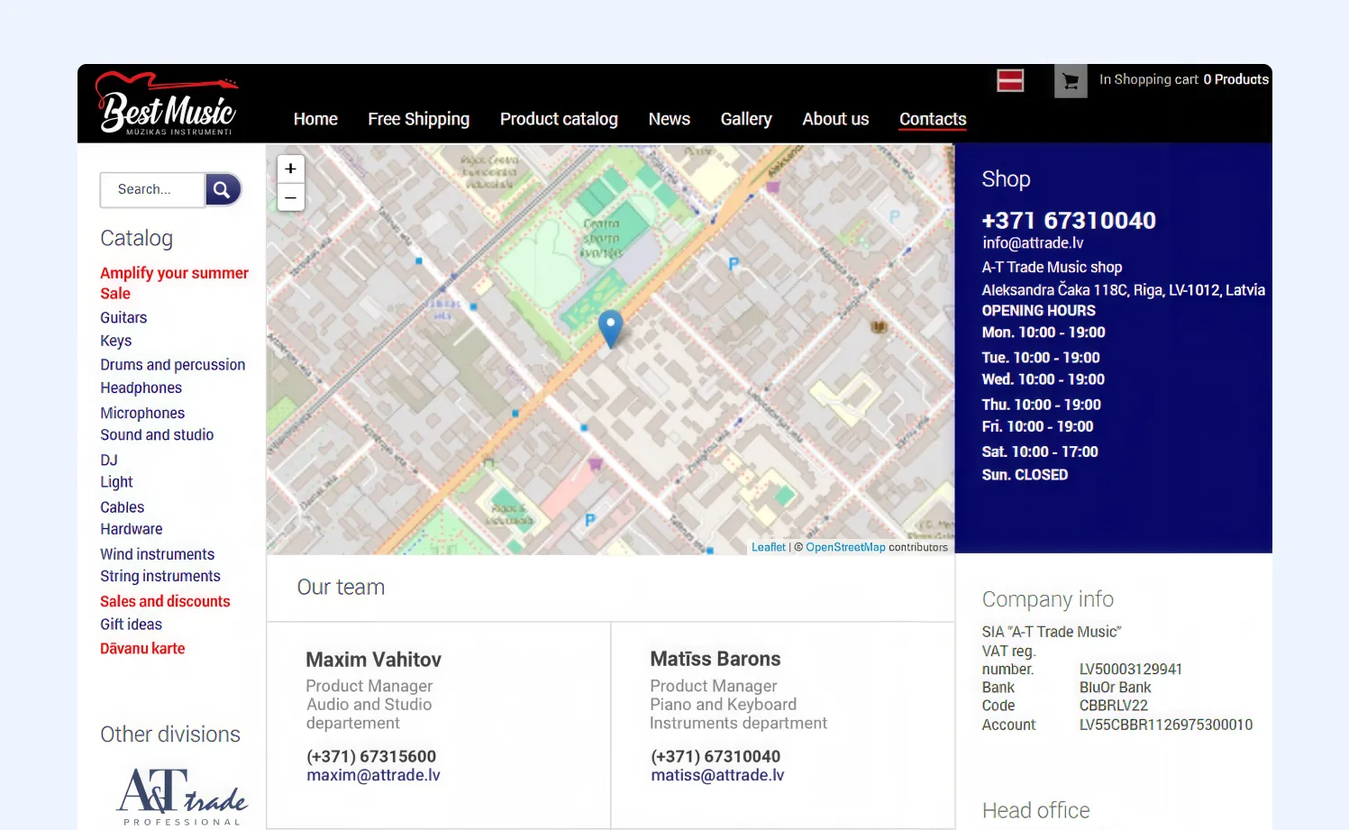 A retailer store location page showing an embedded map, full address, phone number, email, weekday opening hours and named store contacts.