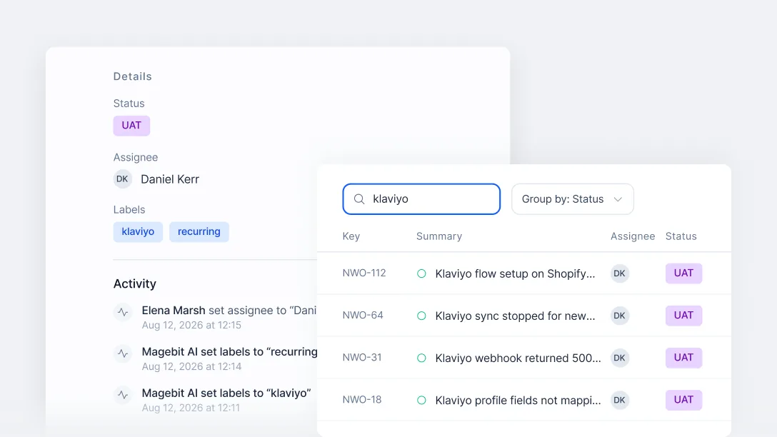 A Portal ticket labelled "recurring" beside a filtered list of earlier Klaviyo tickets.