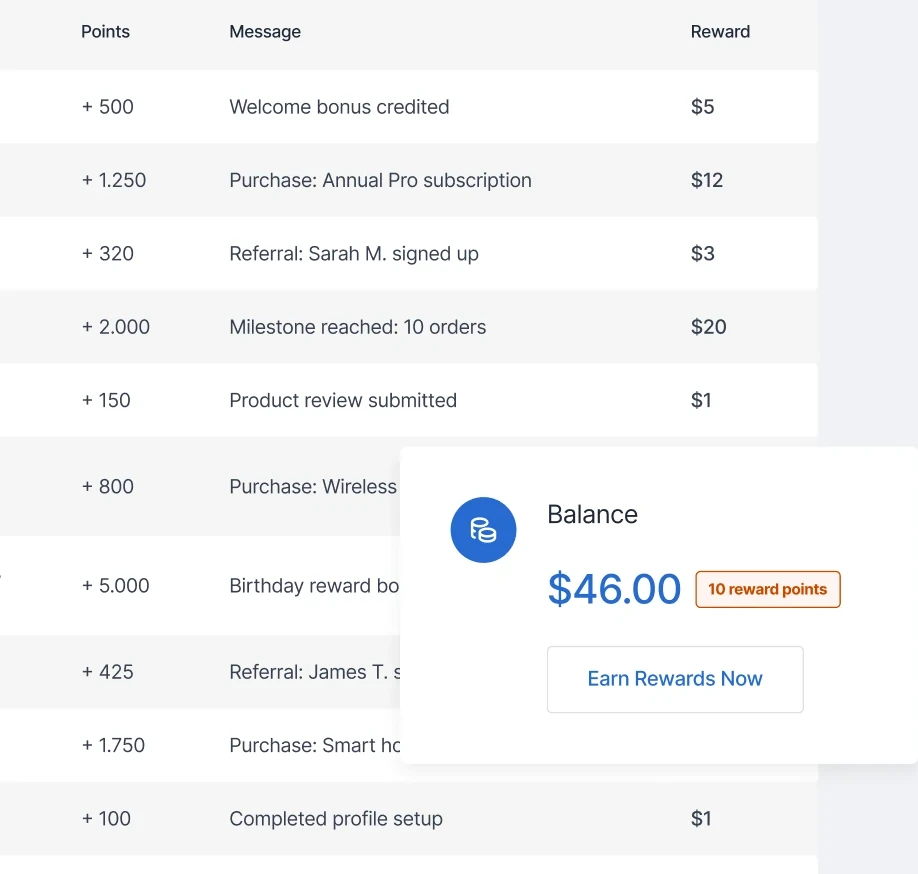 Rewards balance card over a points history table