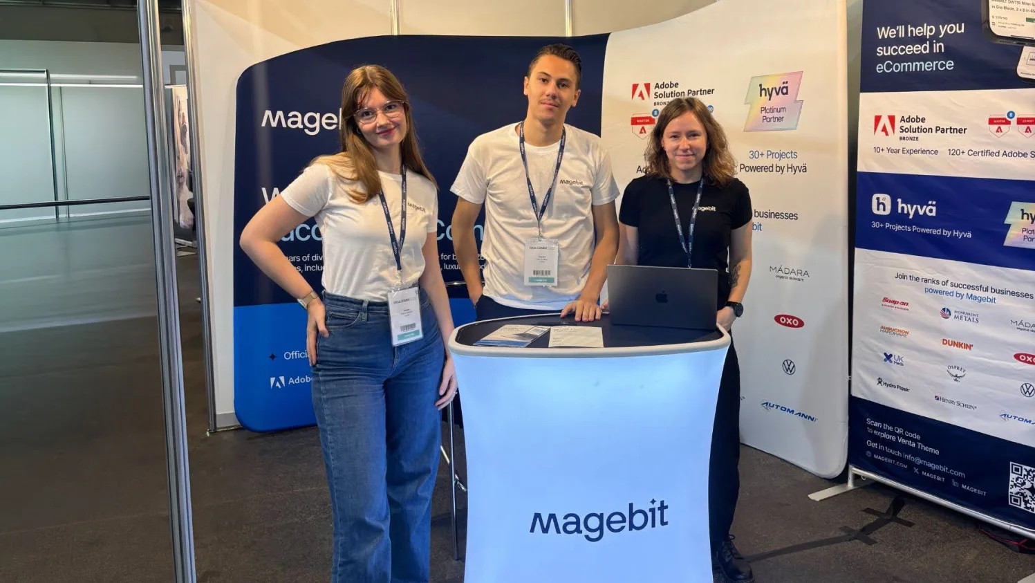 Magebit team Jurijs, Liva and Ksenija at the Magebit stand during day two of Riga Comm 2026