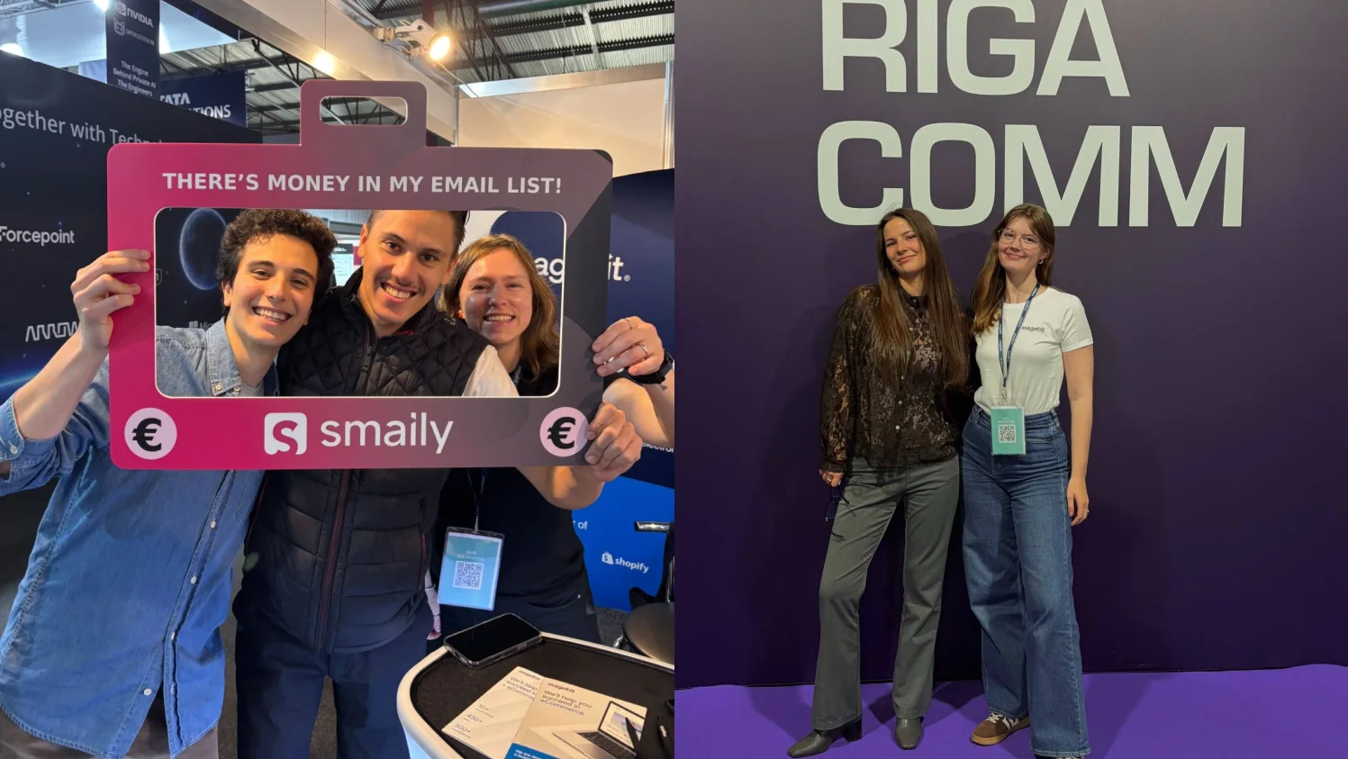 Magebit team members networking with Berat Canpolat and Rūta Branta at Riga Comm 2026 in Riga