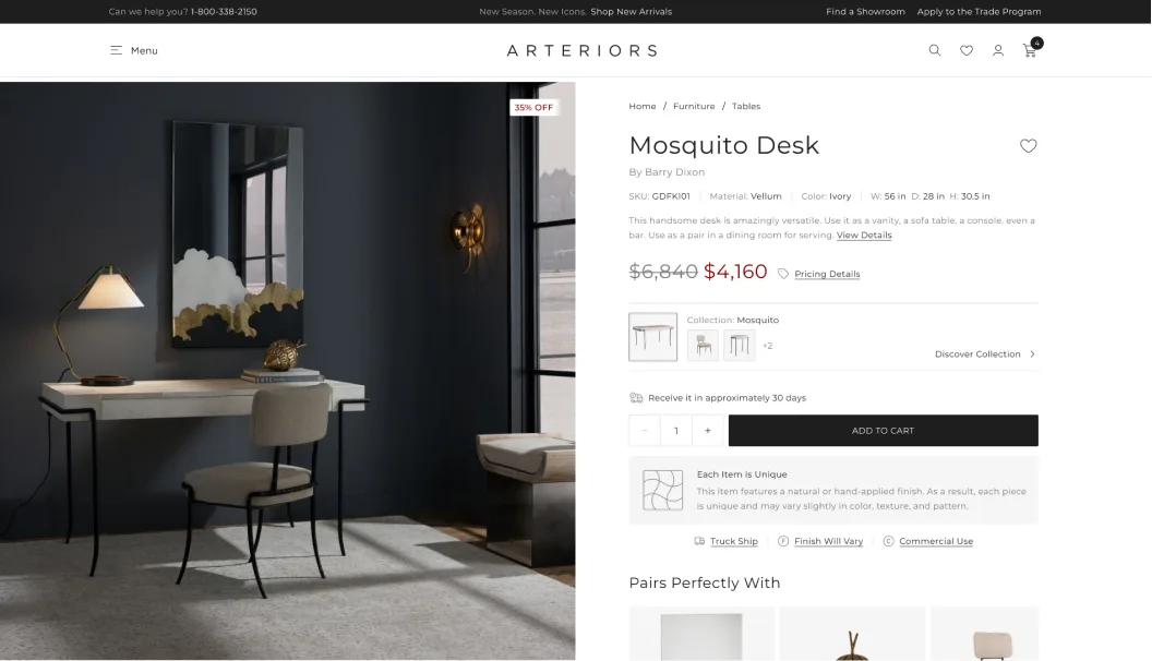 Fashion storefront product page with editorial imagery, variants and add to cart