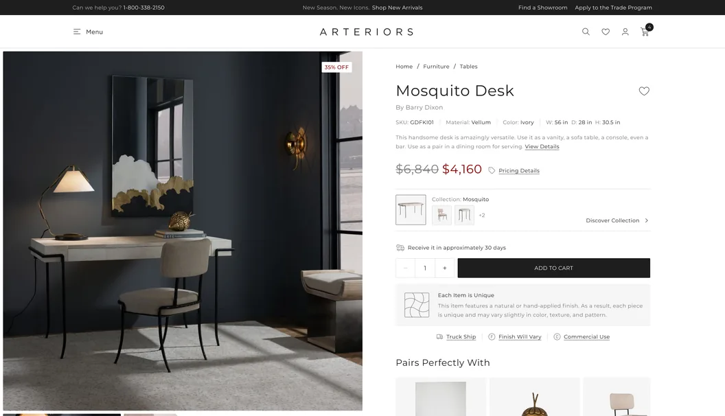 Arteriors Mosquito Desk product page with gallery, specs, price and add to cart