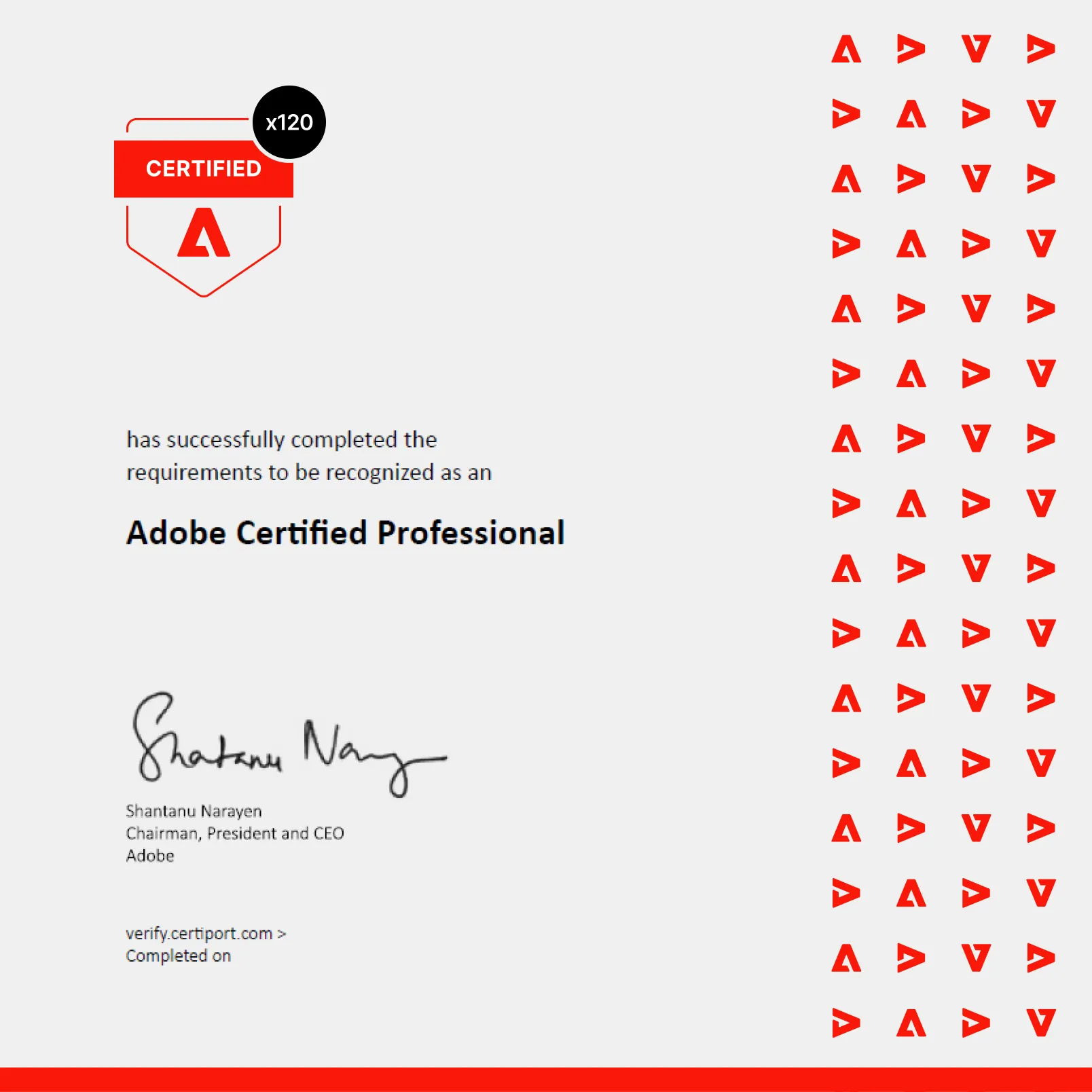 Adobe Certified Professional certificate signed by Shantanu Narayen, with a ×120 badge.