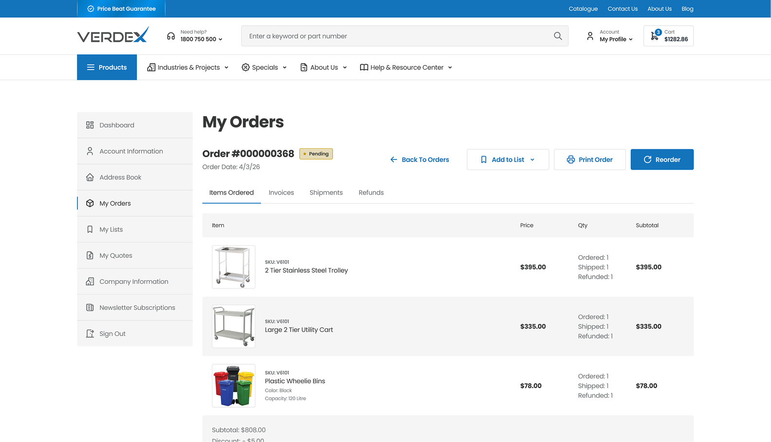 B2B trade storefront showing My Orders in a browser window