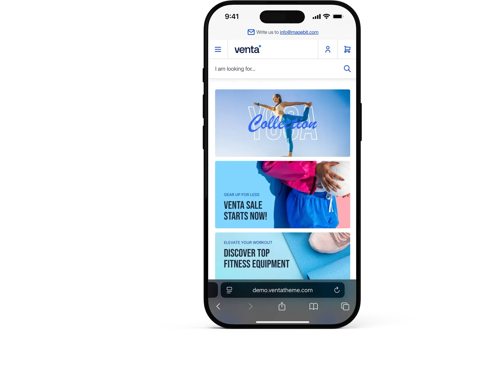 The same Venta storefront on a phone, showing the yoga collection and a sale banner.