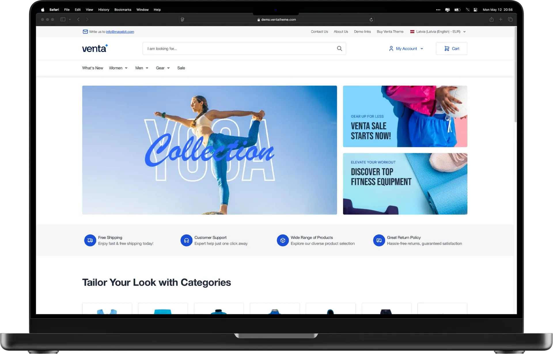 Venta storefront on a laptop showing a yoga collection banner and category tiles.