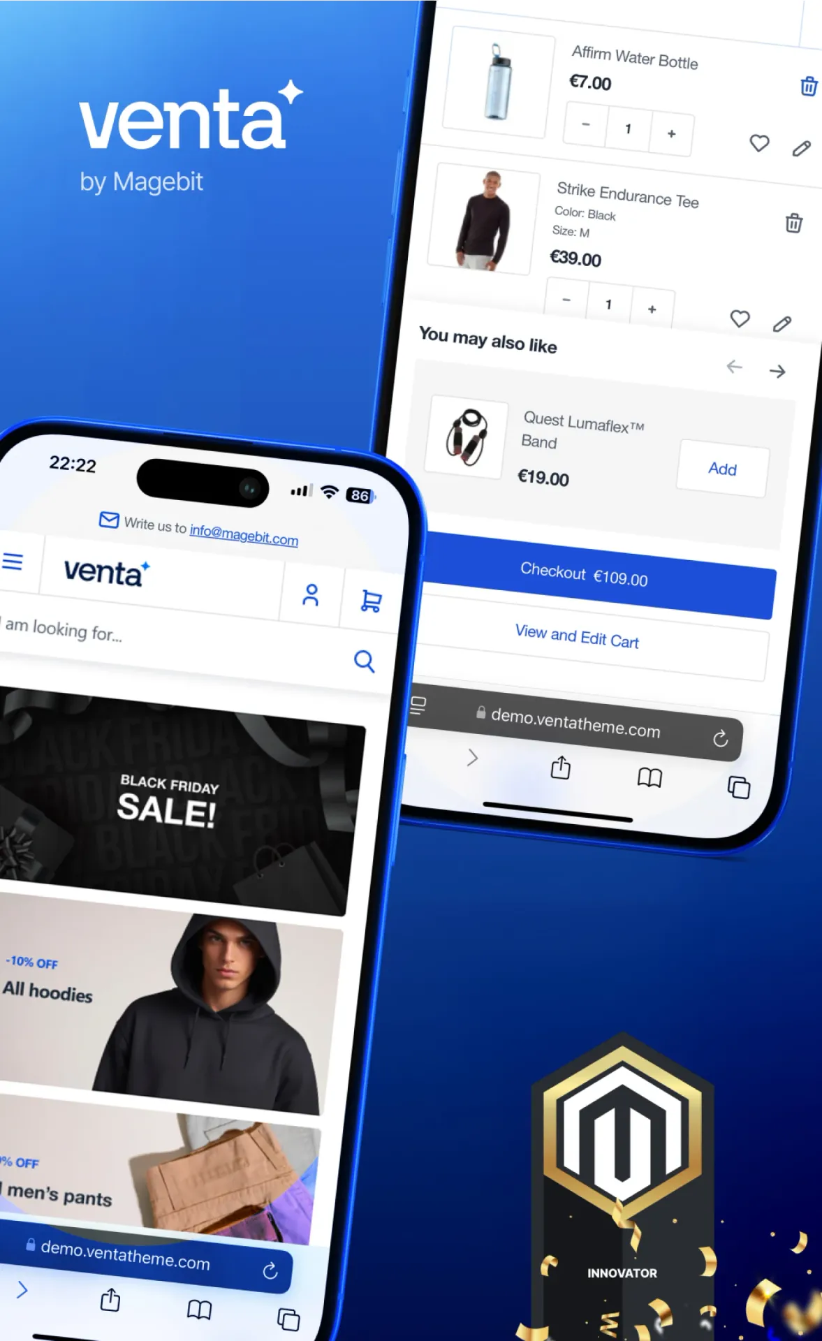 Two phones showing Venta by Magebit shopping app screens with product listings and cart checkout.