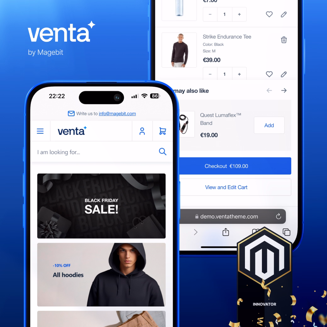 Mobile screens displaying Venta e-commerce app interface with product listings, Black Friday sale banner, and checkout page.