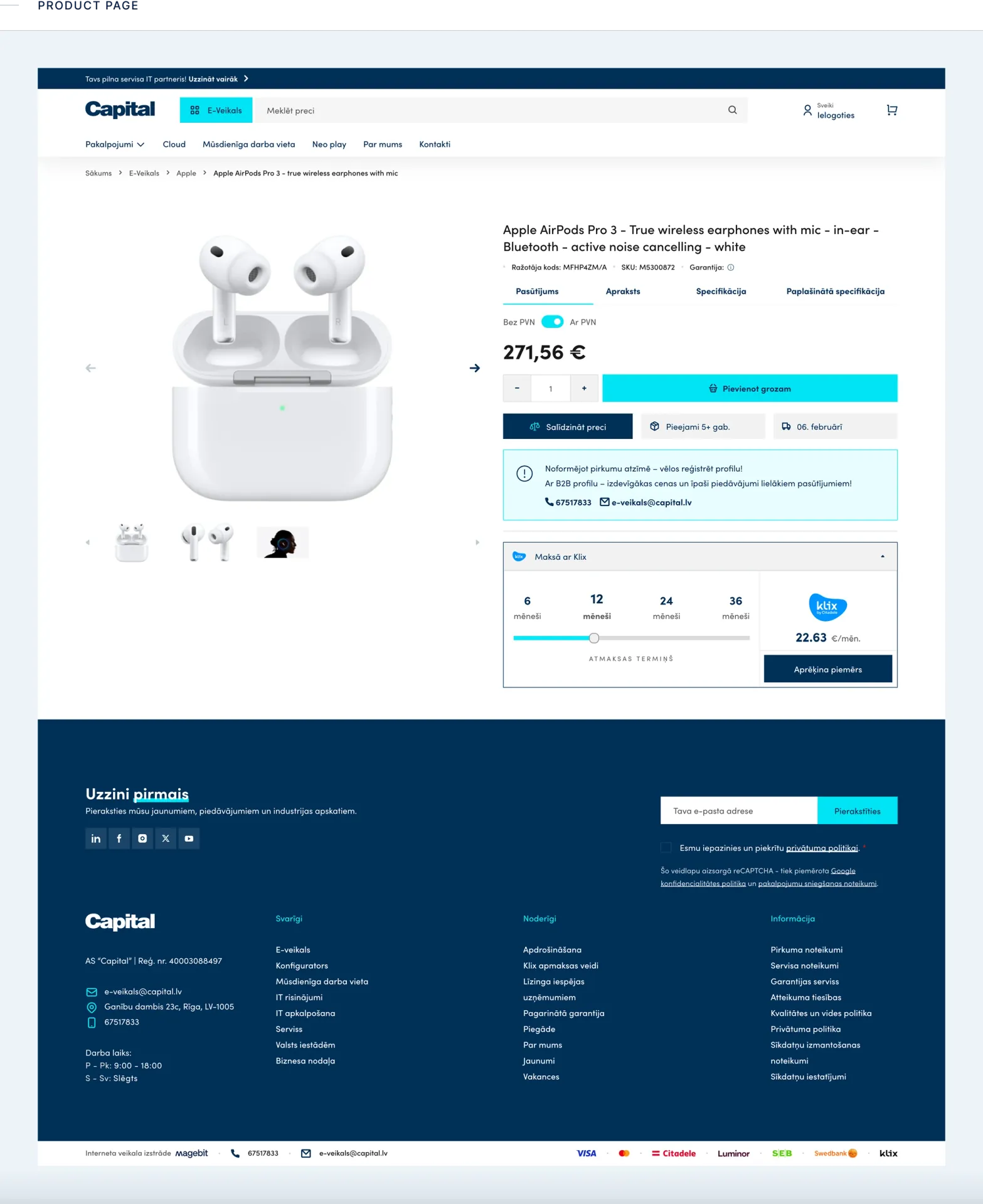 Capital product page showing real-time stock and warehouse pricing