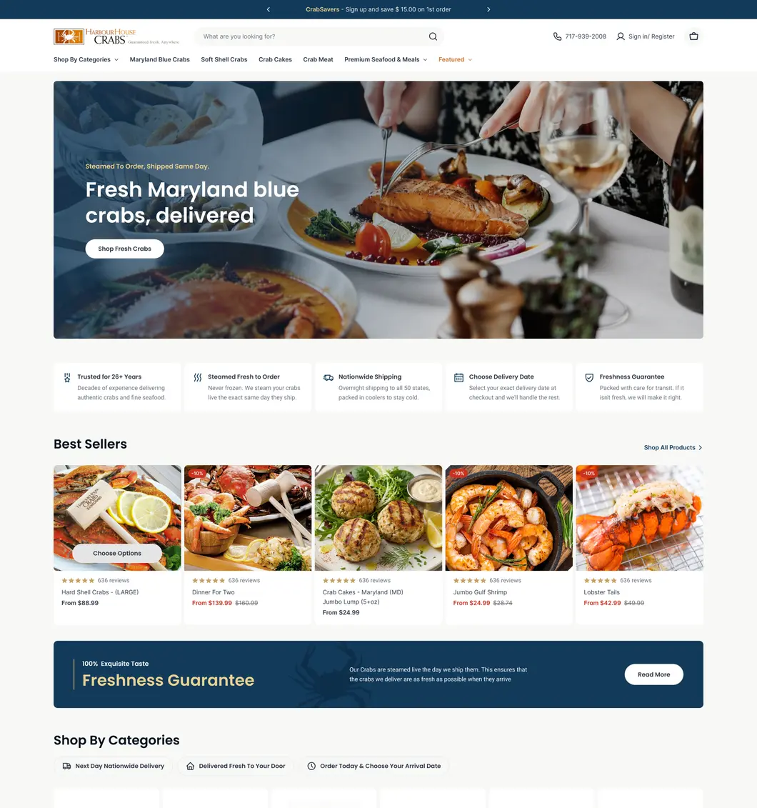The Harbour House Crabs storefront Magebit designed.