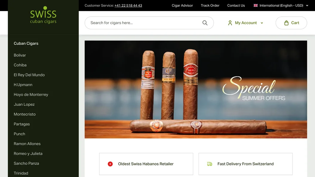 The Swiss Cuban Cigars storefront, migrated to the latest Magento.